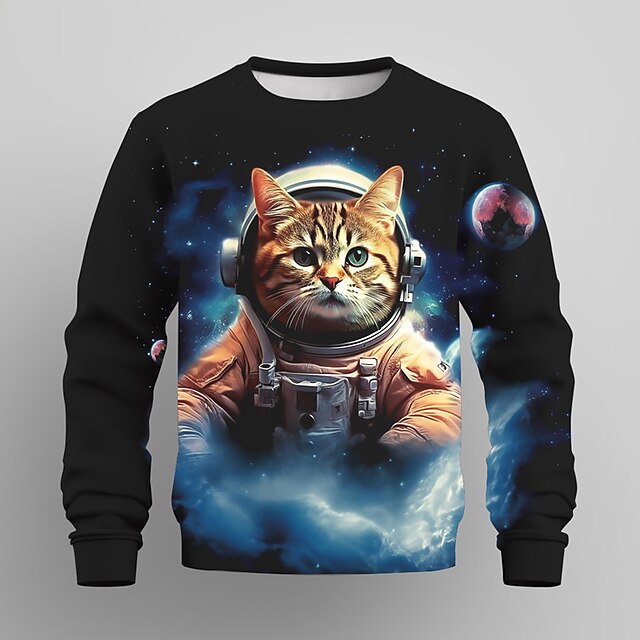 Gutt 3D Grafisk Katt Astronaut Genser Langermet 3D-utskrift Sommer Høst Mote Gatemote Daglig Barn 3-12 år utendørs Avslappet Daglig Normal