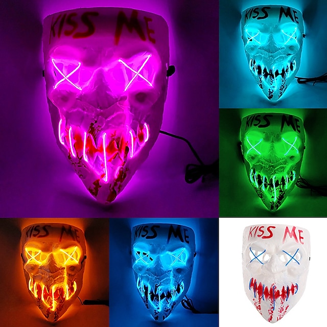  Halloween Led Mask Men's Kiss Me Luminous Mask Masquerade Cold Light LED Mask Halloween Horror Props (Battery Not Included)