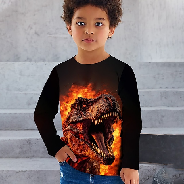  Boys 3D Graphic Animal Dinosaur T shirt Tee Long Sleeve 3D Print Summer Spring Fall Sports Fashion Streetwear Polyester Kids 3-12 Years Outdoor Casual Daily Regular Fit