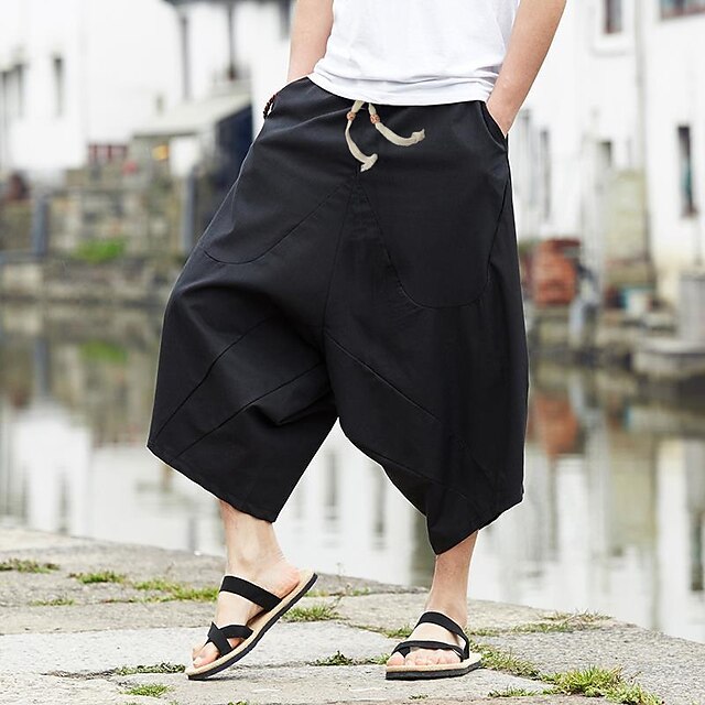  Men's Trousers Bloomers Baggy Beach Shorts Capri Pants Elastic Waist Wide Leg Print Comfort Breathable Casual Daily Beach Linen Cotton Blend Fashion Streetwear Black Red Micro-elastic