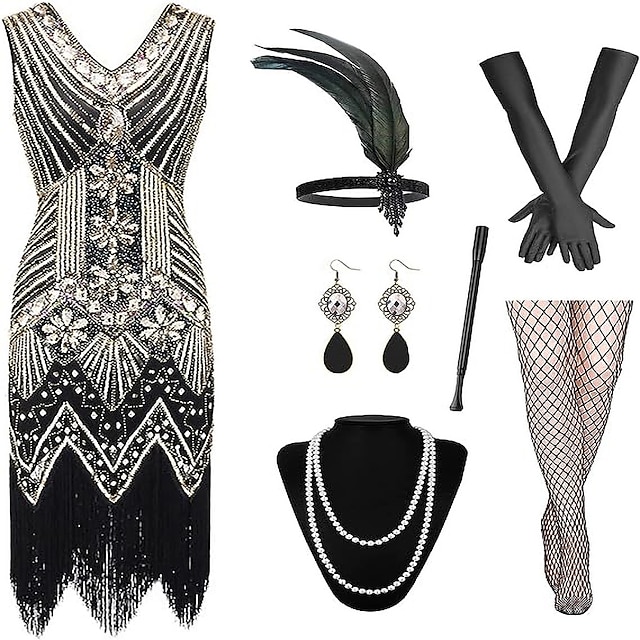  Retrò vintage Ruggenti anni '20 1920s Vestito del flapper Vestiti Costume cosplay Completi Fascia per capelli da ballerina charleston Il grande Gatsby Per donna Con lustrini Nappa Natale Halloween