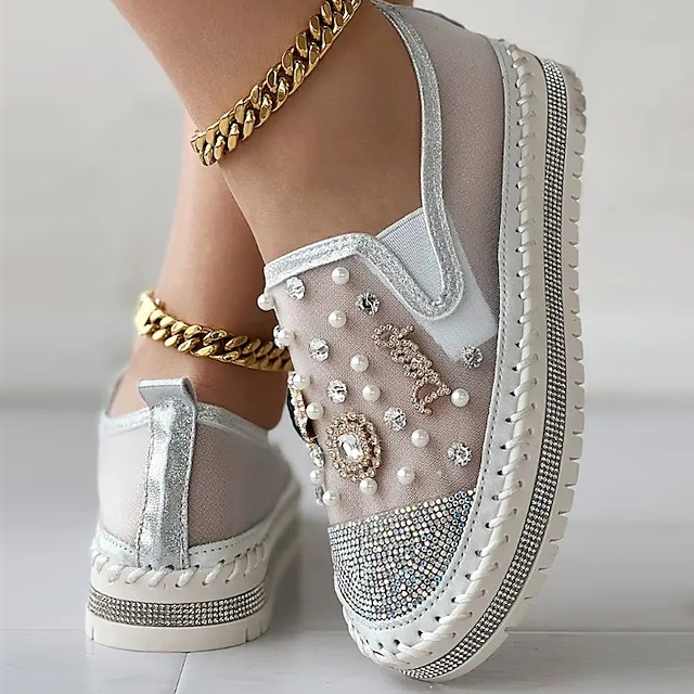  Women's Slip-Ons Loafers Bling Bling Shoes Plus Size Fantasy Shoes Daily Solid Color Summer Rhinestone Imitation Pearl Flat Heel Round Toe Fashion Casual Mesh Loafer White Pink