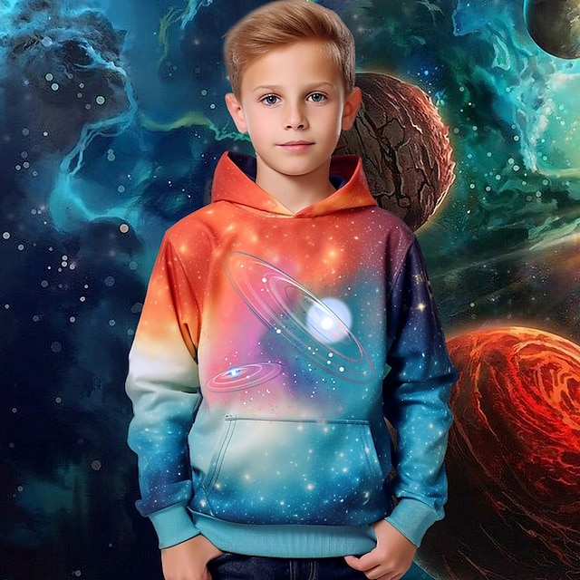  Boys 3D Graphic Galaxy Space Hoodie Long Sleeve 3D Print Spring Fall Winter Fashion Streetwear Cool Polyester Kids 3-12 Years Outdoor Casual Daily Regular Fit
