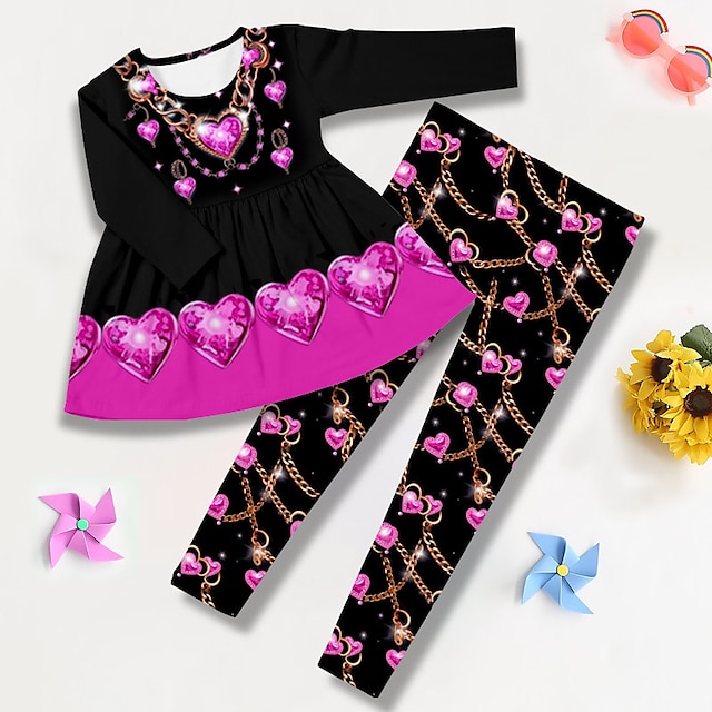  Fete 3D Grafic Inimă Tricou și Pantaloni Set rochii Set de îmbrăcăminte Roz Manșon Lung Tipărire 3D Vară Toamnă Iarnă Activ Modă Zilnic Poliester Copii 3-12 ani În aer liber Dată Vacanță Fit regulat