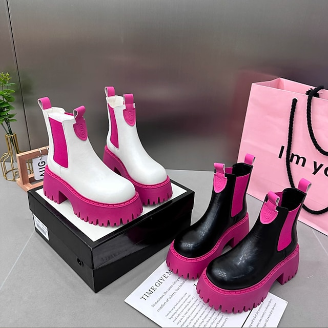  Жен. Ботинки Ботинки челси Ботинки на платформе Розовый на открытом воздухе Офис Контрастных цветов Ботильоны Ботильоны Зима Платформа На низком каблуке На толстом каблуке Круглый носок