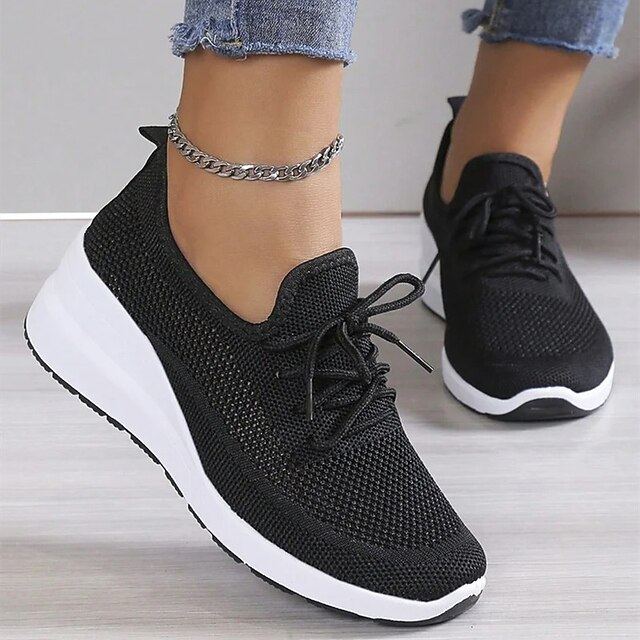  Damskie Adidasy Buty podwyższające Na zewnątrz Codzienny Jednokolorowe Lato Obcas wedge Okrągły palec u nogi Sportowy Codzienny Wygoda Bieganie Spacery Latające tkactwo Elastyczna taśma Czarny Biały
