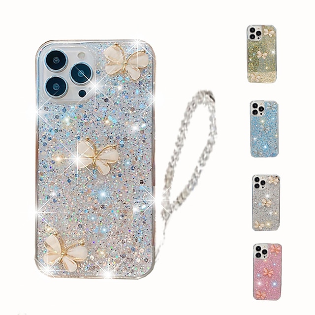  telefono Custodia Per iPhone 15 Pro Max Plus iPhone 14 13 12 11 Pro Max Mini SE X XR XS Max 8 7 Plus Per retro per le donne ragazza con cinturino da polso Glitter scintillanti Farfalla TPU