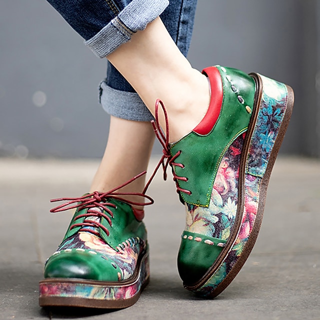  Dam Klackar Plattform Loafers Handgjorda skor Vintage skor Dagligen Blommig Färgblock Snörning Kilklack Rundtå Vintage Ledigt Komfort Läder Fårskinn Snörning Grön