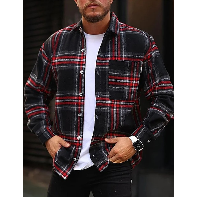  Men's Shirt Flannel Shirt Plaid Shirt Button Up Shirt Overshirt Shacket Plaid / Check Outdoor Daily Wear Black Long Sleeve Lapel Spring &  Fall Clothing Apparel Front Pocket