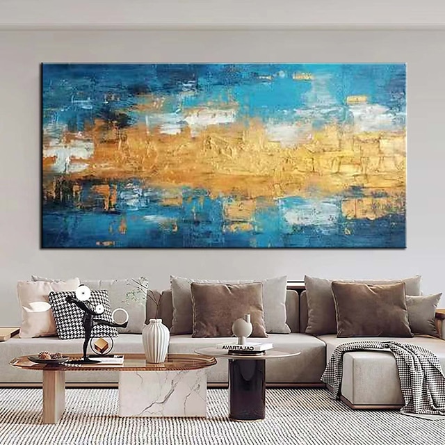  käsintehty kullansininen maalaus käsinmaalattu öljymaalaus seinätaide kultafoliomaalaus kankaalle suuri seinä taide tekstuuri nykytaide kodin sisustus rullattu kangas