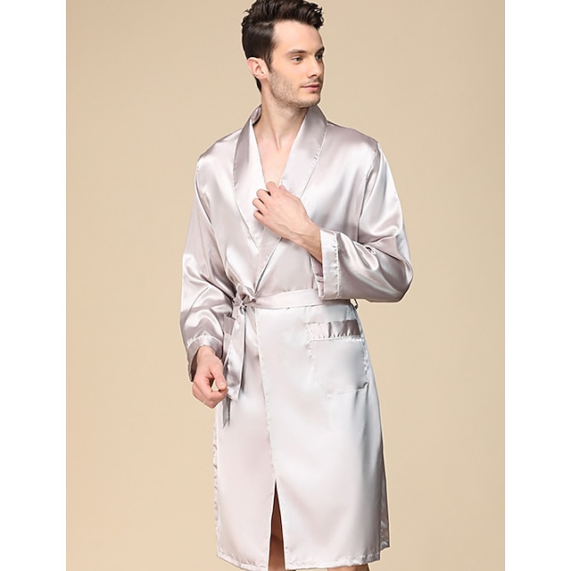  Men's Robe Silk Robe Sleepwear Plain Stylish Casual Comfort Home Daily Bed Faux Silk Comfort Summer Spring Silver Blue