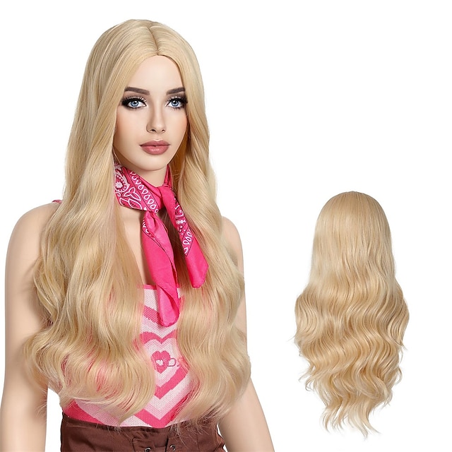  blonda cosplay peruker för kvinnor 26 tum lång vågig blond peruk mitten del syntetiska cosplay peruker för prinsessor cos play dagligen