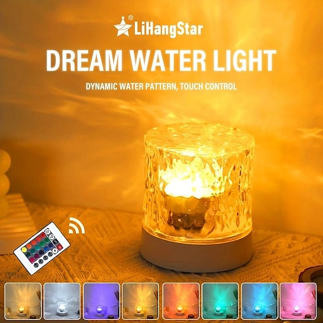  LED Water Ripple Ambient Night Light USB Rechargeable Rotating Projection RGB Crystal Table Lamp With Remote Control Dimmable Color Change For The Bedroom Bedside Playroom Children's Gifts