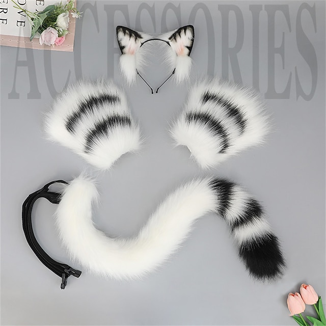 Cute Plush Beast Ear Headwear Open Finger Gloves Beast Tail Cosplay ...