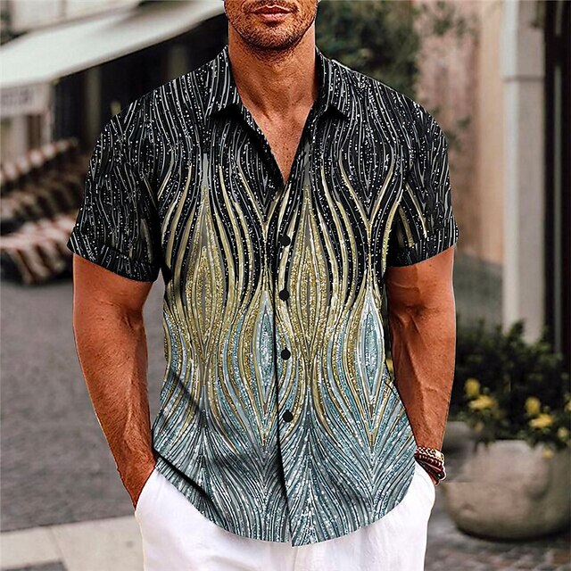 Men's Optical Illusion Geometric Pattern Shirt Button Up Shirt Short Sleeve Fashion Streetwear Designer Outdoor Daily Summer Spring Turndown Print Silver Gold3