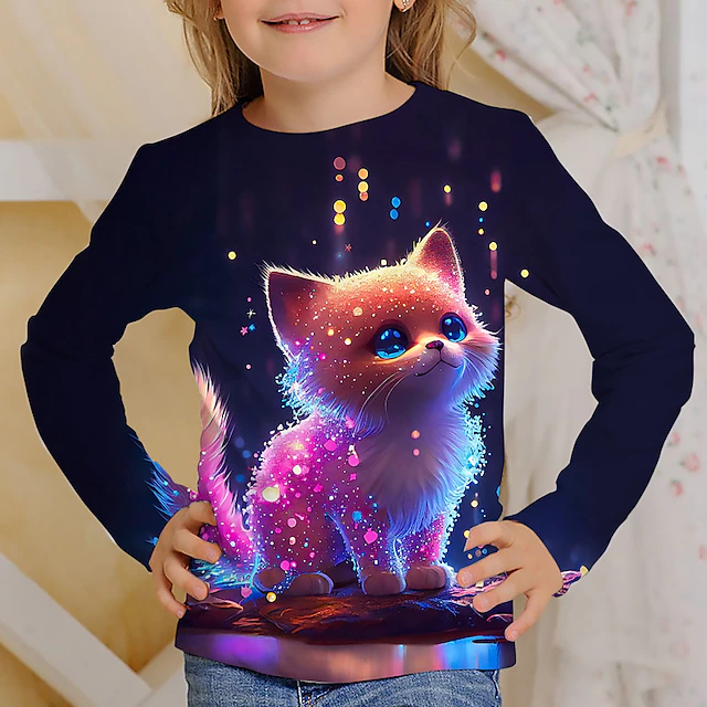 Girls' 3D Graphic Cartoon Cat T shirt Tee Long Sleeve 3D Print Summer Spring Fall Active Fashion Cute Kids 3-12 Years Outdoor Casual Daily Regular Fit 8