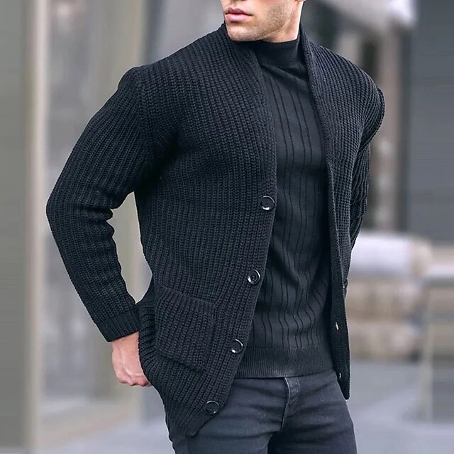 Men's Sweater Cropped Knitted Knit Long Knitted Solid / Plain Color Y Neck Traditional Casual Daily Clothing Apparel Bishop Sleeve Fall & Winter Black White M L XL 7