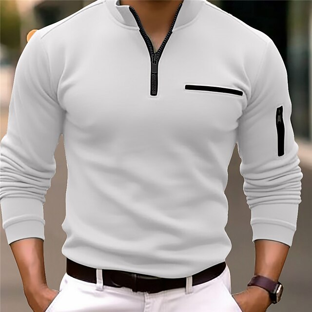 Solid Color Zip Long Sleeve Casual Polo Shirt