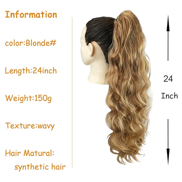  24 pouces long corps vague queue de cheval extension de cheveux synthétique résistant à la chaleur enveloppement autour cordon bouclés ondulés queue de cheval postiches pour les femmes