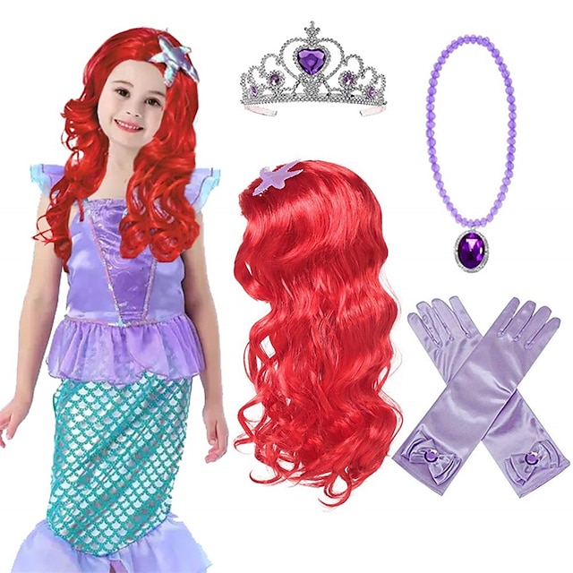  Prinzessin Meerjungfrau Perücke Ariel Zopf mit Prinzessin Tiara Halskette Handschuhe ohne Kleid Prinzessin Meerjungfrau Ariel Dress Up Cosplay Zubehör für Kinder Mädchen