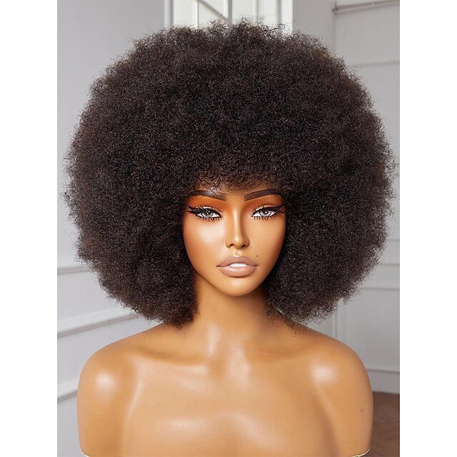 12'' Fluffy Afro Wig Human Hair Afro Puff Short Curly Wig Disco Wigs 70'S 80'S For