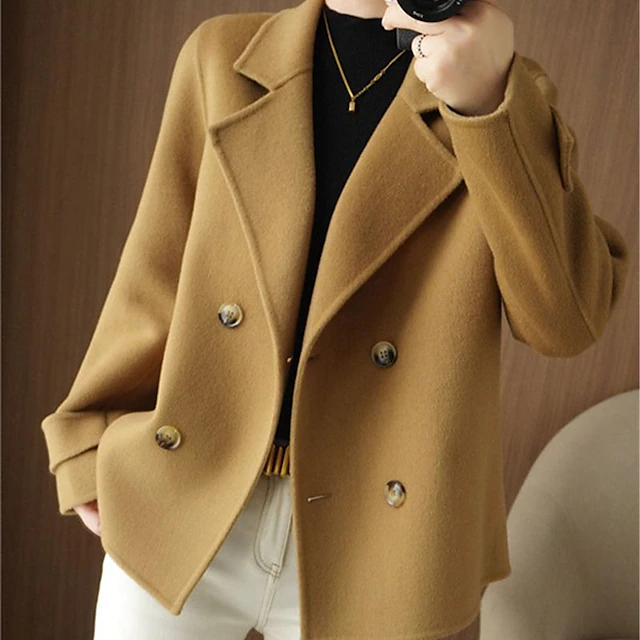 Women's Winter Blazer Coat Fall Double Breasted Lapel Jacket Wool Blend Short Coat with Pockets Warm Black White Camel 17