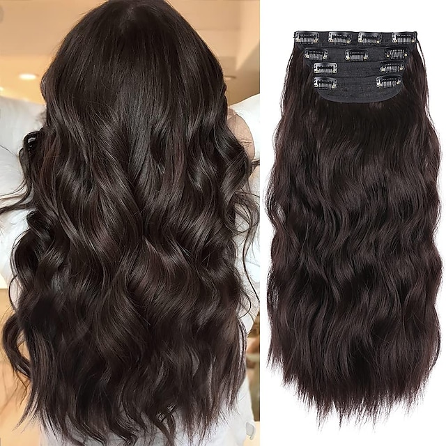  4Pcs Dark Brown Hair Extensions 20 Inches Clip in Hair Extensions Long Curly Synthetic Hair Extensions Clip in Human Hair Thick Brunette Hair Extensions