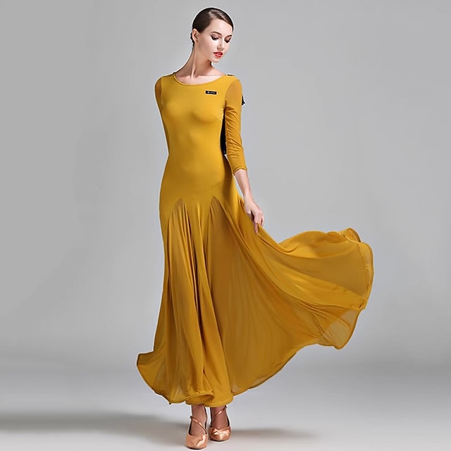 Women's Dancewear Ballroom Dance Dress Pure Color Women's Girls' Performance  Long Sleeve High Chiffon Chinlon Tulle