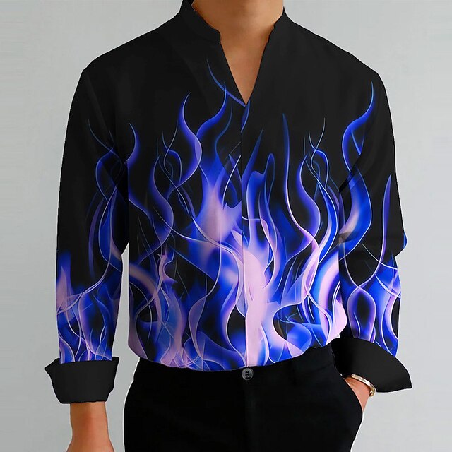 Men's Flame Shirt Button Up Shirt Long Sleeve Fashion Streetwear Designer Outdoor Casual Daily Summer Fall V Neck Print Red Purple3