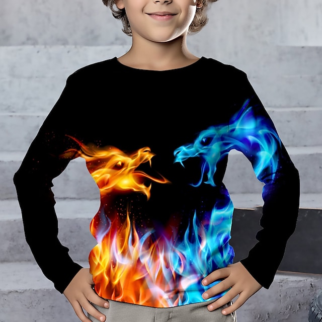  Poikien 3D Kuvitettu Piirretty Lohikäärme T-paita Pitkähihainen 3D-tulostus Kesä Kevät Syksy Urheilu Muoti Katutyyli Polyesteri Lapset 3-12 vuotta ulko- Kausaliteetti Päivittäin Normaali