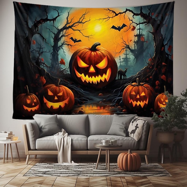  Décorations d'Halloween tapisserie jack o lantern citrouille décor art mural grande tapisserie suspendue décor mural photographie toile de fond couverture rideau maison chambre salon chauve-souris