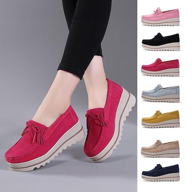  Women's Slip-Ons Platform Loafers Outdoor Daily Solid Color Winter Wedge Heel Square Toe Elegant Casual Minimalism Satin Loafer Black Yellow Pink