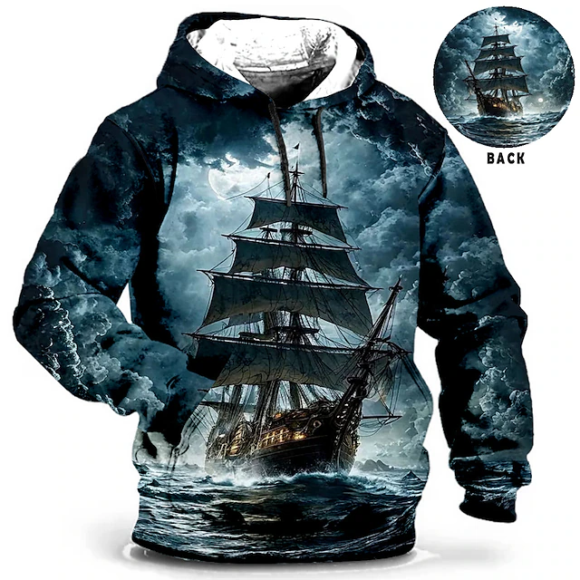 Men's Ship Graphic Prints Hoodie Hoodies Sweatshirt Daily Classic Long Sleeve Hooded Holiday Going out Streetwear Blue Green Print Spring & Fall Designer 5