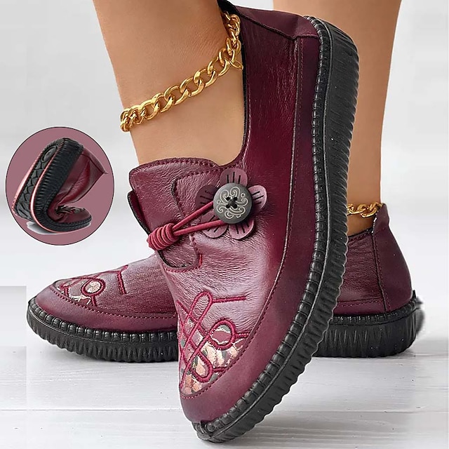  mocasini vintage de dama bordeaux cu design floral brodat - pantofi confortabili casual cu slip-on