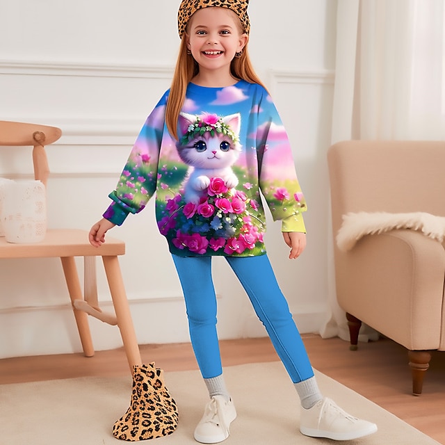  Girls' 3D Cartoon Floral Cat Sweatshirt & Pants Long Sleeve 3D Print Fall Winter Active Fashion Daily Polyester Kids 3-12 Years Outdoor Date Vacation Regular Fit