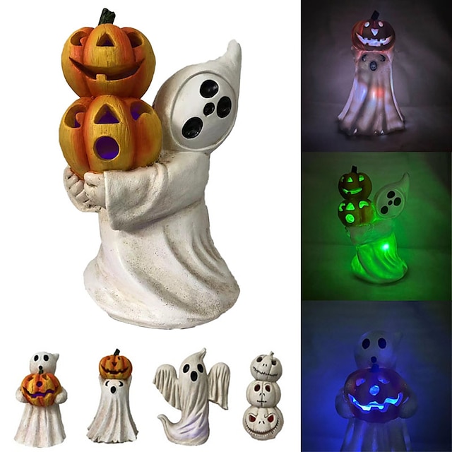 Halloween Ghost Pumpkin Figurines Rustic Light Up Resin Ghost