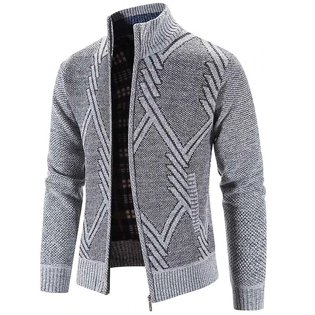 Men's Cardigan Sweater Dress Sweater Ribbed Knit Regular Knitted Stripe Standing Collar Warm Ups Modern Contemporary Daily Wear Going out Clothing Apparel Fall Winter Blue Light Grey S M L 14