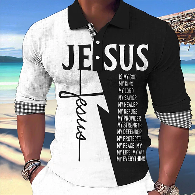 Men's Jesus Christian Hawaiian Polo Shirts Golf Shirt Long Sleeve Polo Shirts Collared Shirts Casual Beach Wear Vacation Wear Party Outfits 3D Print Buttons White Light Green Blue 9