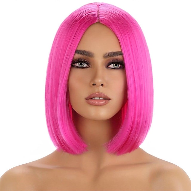  gorący różowy peruka dla kobiet gorący różowy bob peruka krótkie proste magenta peruka środkowa część syntetyczne żaroodporne przebranie na karnawał party peruki
