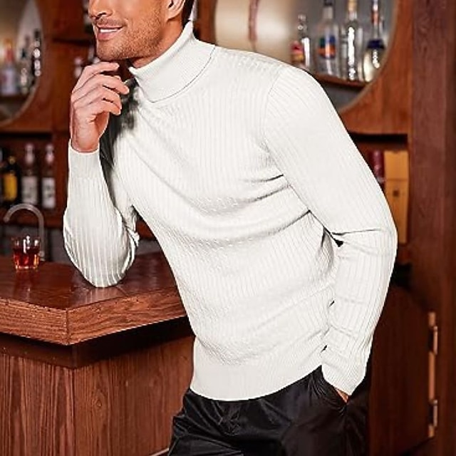 Men's Sweater Pullover Sweater Jumper Turtleneck Sweater Cable Knit Tunic Knitted Solid Color Turtleneck Keep Warm Work Daily Wear Clothing Apparel Fall Winter Black White M L XL