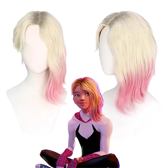  Synthetic Wig Gwen Stacy Straight Asymmetrical Machine Made Wig Short A1 Synthetic Hair Women's Cosplay Soft Fashion Blonde Pink Mixed Color Halloween Wigs