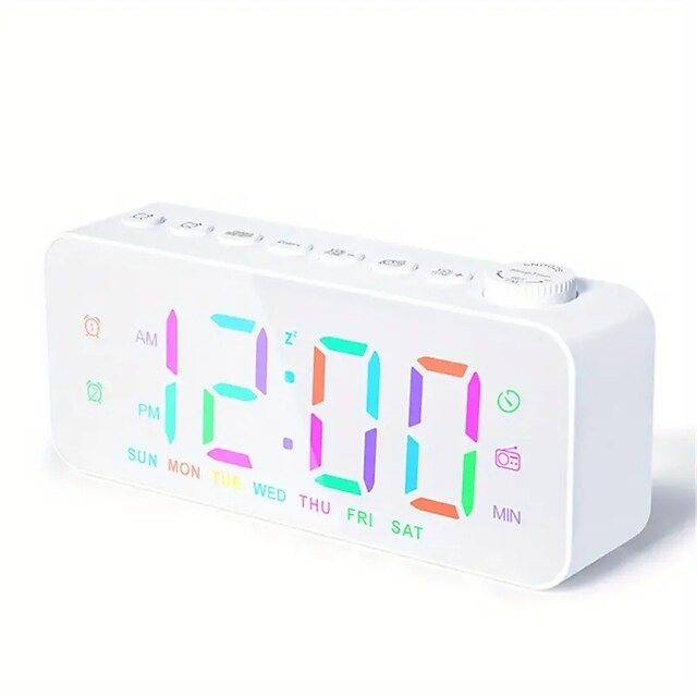  1 Stück dynamischer RGB-Farbwechsel-FM-Radio-Digitalwecker mit Sleep-Timer und Dual-Alarm – 8 Farben 12/24 Stunden elektronische LED-Uhr