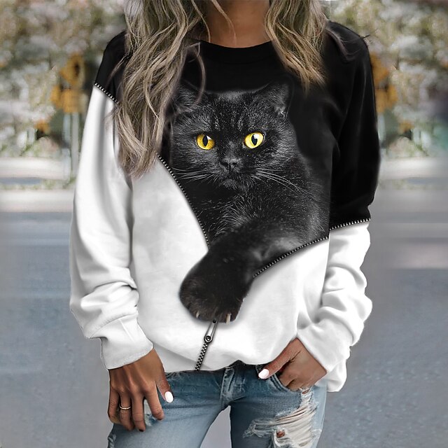 Women's Sweatshirt Pullover Cat Street Casual Black Sports Basic Round Neck Long Sleeve Top Micro-elastic Fall & Winter Comfrt Breathable Soft Fabric2