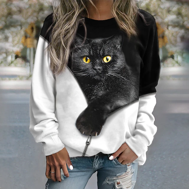 Women's Sweatshirt Pullover Cat Street Casual Black Sports Basic Round Neck Long Sleeve Top Micro-elastic Fall & Winter Comfrt Breathable Soft Fabric2