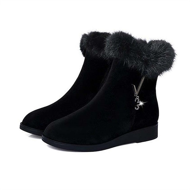  Women's Boots Snow Boots Suede Shoes Winter Boots Outdoor Daily Solid Color Fleece Lined Booties Ankle Boots Winter Rhinestone Flat Heel Round Toe Elegant Fashion Plush Faux Suede Zipper Black