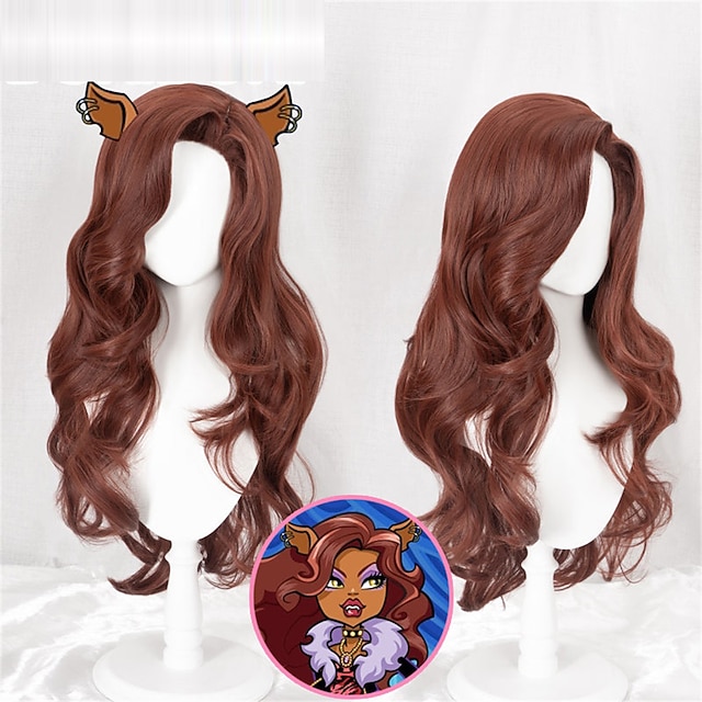  anime monster high cosplay clawdeen wolf cosplay peruk lång lockigt brun halloween peruk