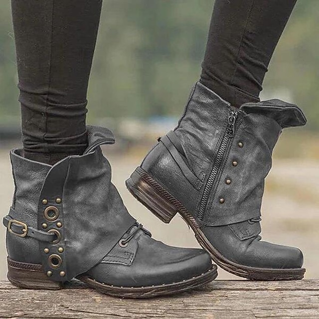  Women's Boots Slouchy Boots Booties Ankle Boots Riding Boots Outdoor Work Daily Booties Ankle Boots Winter Low Heel Round Toe Vintage Luxurious Industrial Style PU Zipper Black Brown Grey