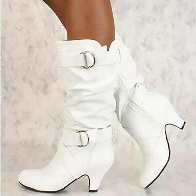 Botas hasta la rodilla para mujer con correas con hebillas y diseño holgado, con tacón medio y estilo versátil para uso informal y de noche.