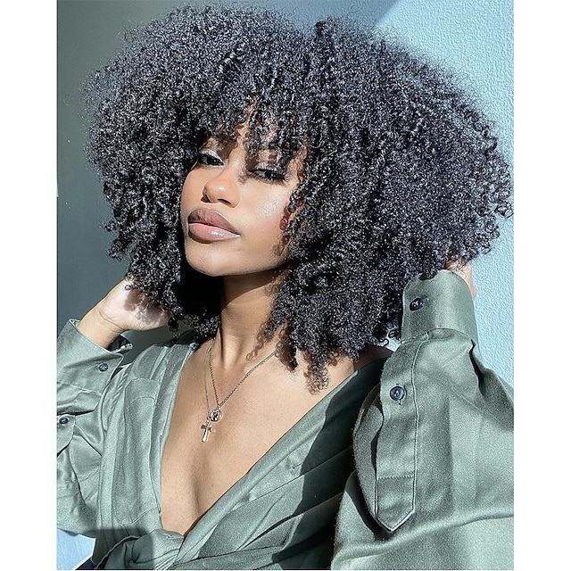  lyhyt kihara afroperuukki otsatukkailla mustille naisille kiharat kiharat hiukset peruukki afro synteettiset täysperuukit
