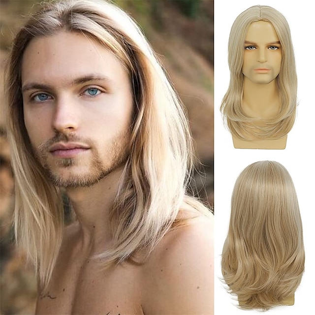  Mens Long Blonde Wig Long Straight Wig for Men Middle Part Synthetic Heat Resistant Hair Wigs for Daily Party Costume Halloween
